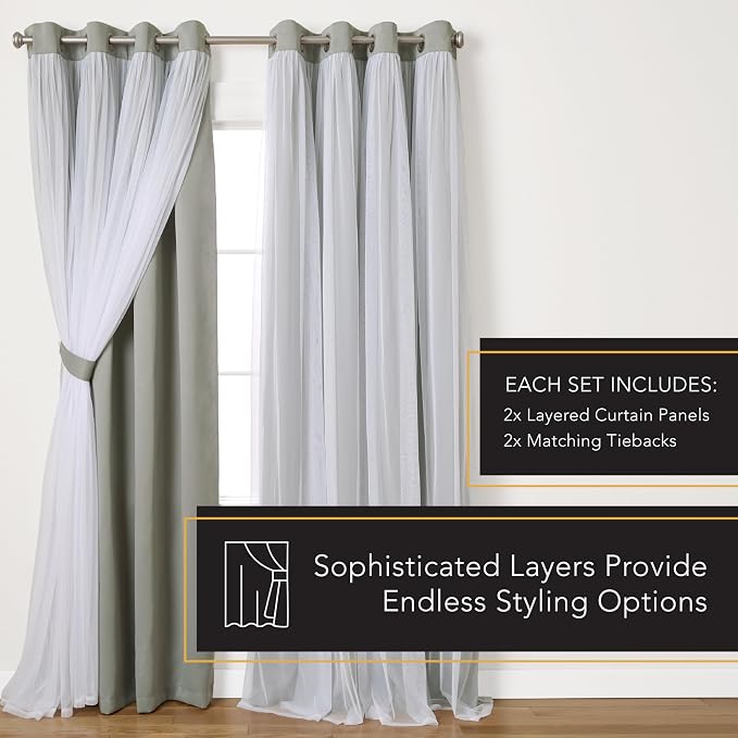 TOWN & COUNTRY LUXE Talia Double Layer Indoor Curtains, Sheer and Room Darkening Blackout, Grommet Top, Energy Efficient, 2-Pack Set, 52"x96", Soft Grey