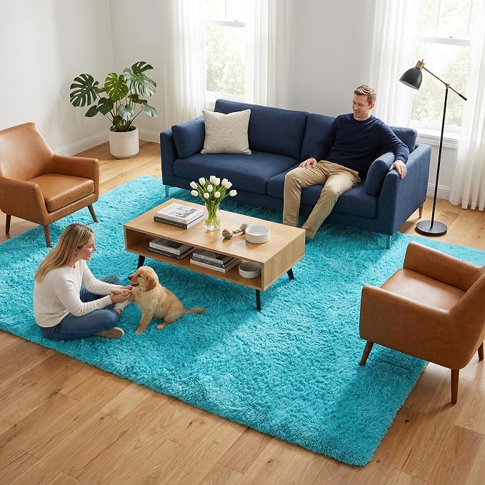 Modern Soft Fluffy Blue Shaggy Rug for Livingroom Bedroom Dorm Kids Room Indoor Home Decorative, Non-Slip Plush Furry Fur Area Rugs Comfy Nursery Accent Floor Carpet 5x8 Feet, Teal