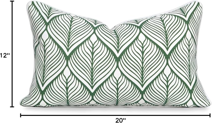 Hofdeco Premium Coastal Patio Indoor Outdoor Lumbar Pillow Cover Only, 12"x20" Water Repellent for Backyard, Couch, Green Print Geometric Leafs