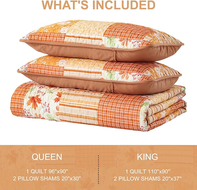 Mybedsoul Orange Boho Quilts Queen Size, Patchwork Floral Fall Bedding Set | Soft Lightweight Microfiber Floral Coverlet Set, 3 Pieces Plaid Floral Bedspread, Bed Sets for All Seasons 90"x96"