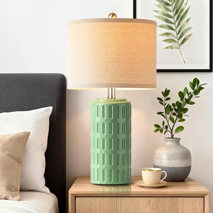 23" Farmhouse Modern Ceramic Table Lamp Set of 2 - Sage Green Bedside Lamps for Bedroom & Living Room, Nightstand, Desk, End Table