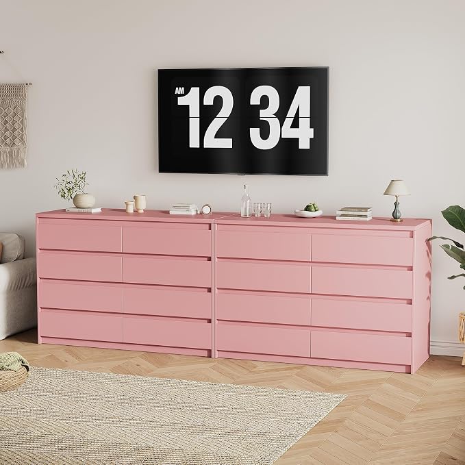 MapleGrace Modern 8 Drawer Dresser, Simply Chest of Drawers for Bedroom, Wooden Storage Dresser with Deep Drawers for Living Room/Hallway/Entryway (Pink)