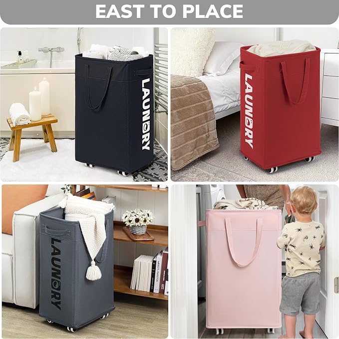 Goodpick 75L Collapsible Laundry Baskets with Wheels and Removable Wash Bag | Rolling Laundry Hamper with Handle for College Dorm and Laundry Room, Laundry Hamper on Wheels, Red
