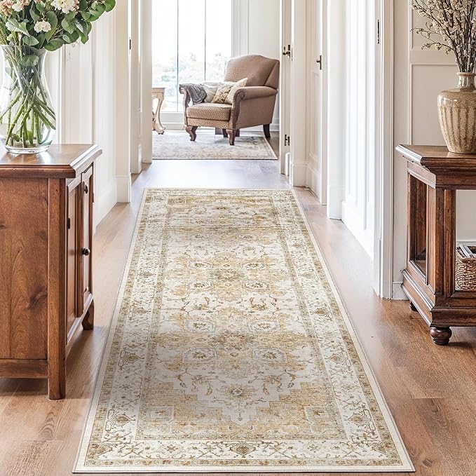 AMADA HOMEFURNISHING 2'6"x10' Washable Area Rug, Low-Profile Entryway Rug with Non-Slip Backing & Durable Edge Binding, Vintage Rug Pattern, Small Rugs for Entryway, Kitchen & Living Room