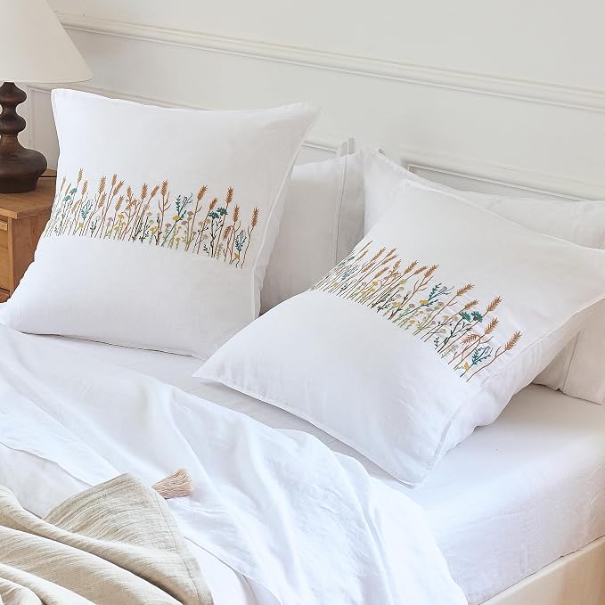 Simple&Opulence 100% Linen Euro Shams 26'' x 26'' Pack of 2, Embroidery Wheat Design Natural Flax Farmhouse Decorative Square Throw Pillow Covers for Bed Couch Sofa - White