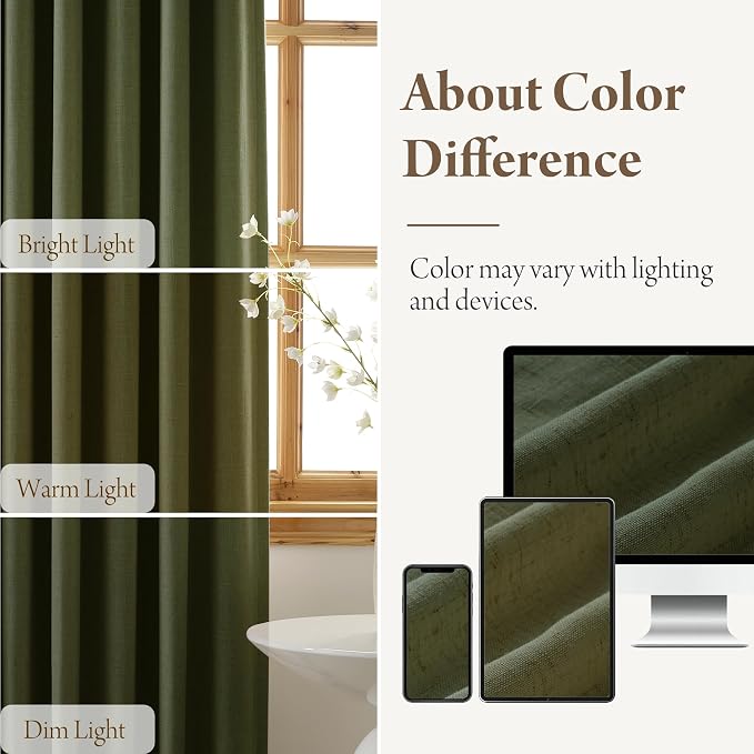 RYB HOME 100% Blackout Olive Green Pinch Pleated Linen Curtains for Bedroom, 2 Layers Thermal Insulated Natural Neutral Decor for Farmhouse Living Room, 40" W x L84 L, 2 Panels Set
