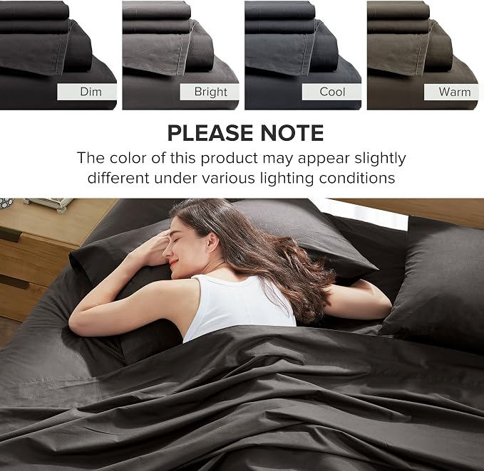 Comfort Spaces 100% Cotton Percale Sheets Cal King Sheet Set 4 Pcs, Black | Crisp, Cool & Breathable Bed Sheets, 14" Deep Pocket Fits Up to 16" Mattress, Lightweight, All Season Cozy, with Pillow Case