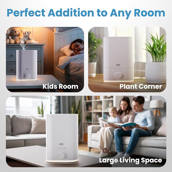 Everlasting Comfort 6L Top Fill Humidifier for Bedroom – Quiet, Easy to Fill & Clean, 60HR Runtime, Night Light, Timer, Ultrasonic Cool Mist, Auto Shut-Off for Indoor Use- White