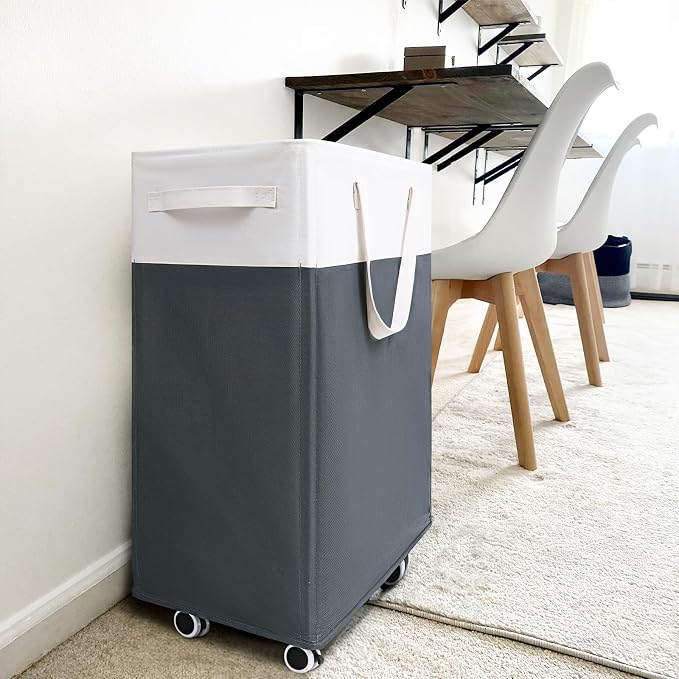 Goodpick 75L Rolling Dirty Clothes Hamper with Wash Bag for Laudnry | Clothes Hamper with Wheels and Handles for Dirty Clothes, Fodable Hamper for Laundry Room, Dorm Room, Grey & White