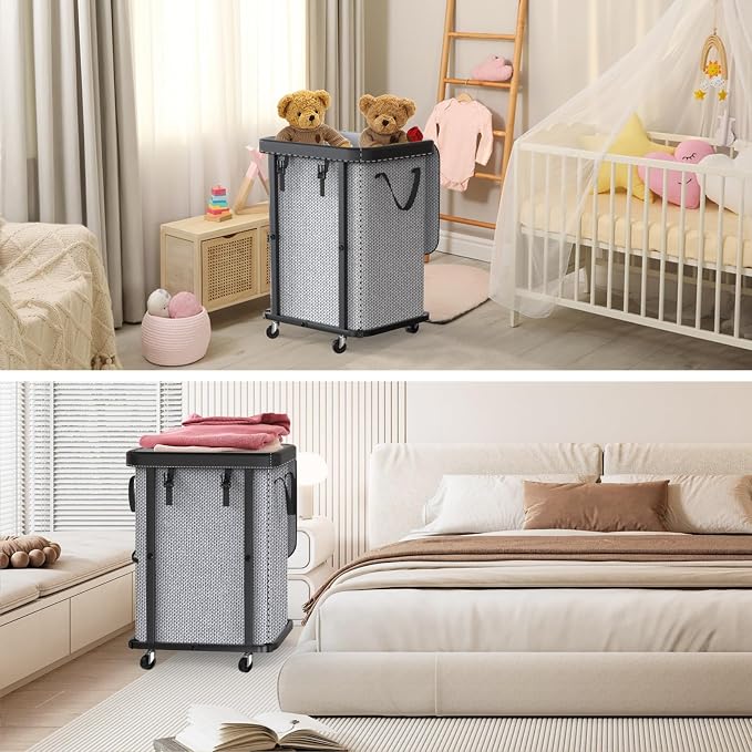 Laundry Basket with Wheels,150L (40 Gal) Rolling Hamper Carts - Gary | Leather Patchwork Laundry Hamper,Sturdy Metal Frame, Removable Washable Bag, Tall Clothes Sorter for Bedroom, Laundry Room