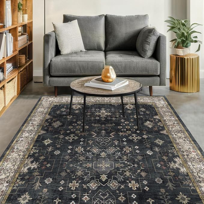 Boho Dining Room Rugs for Under Table - 7x9 Washable Black Area Rug for Living Room, Low Pile Non-Slip Rugs for Bedroom Under Bed - Charming Farmhouse Decor & Stain Resistance - Black/Multi