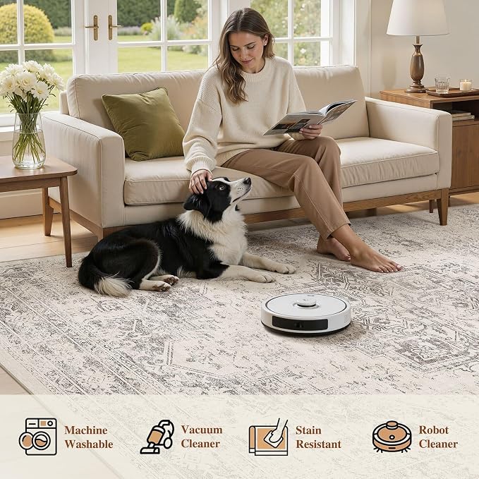 UERMEI 9x12 Area Rug Living Room Rugs - Washable Vintage Soft Large Rug Indoor Floor No Slip Rug Carpet for Bedroom Farmhouse Under Dining Table Home Office Decor - Beige/Camel