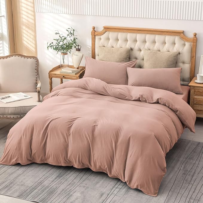 PURE ERA Jersey Knit Sheet Set Solid Petal Pink California King | 100% Cotton, 3 Piece Set, T Shirt Soft, Breathable, Envelope Closure Pillowcases, Hidden Zipper, 8 Ties, No Insert, Modern