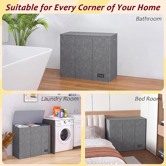 175L Laundry Hamper 3 Section,Large Laundry Hamper with Lid,Dirty Clothes Hamper with 3 Inner Bags,Collapsible Laundry Basket Organizer for Laundry Room,Bedroom,Laundry Sorter Hamper 3 Compartment