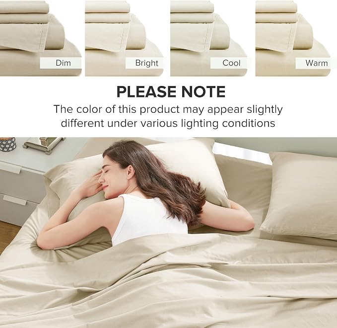 Comfort Spaces 100% Cotton Percale Sheets Queen Sheet Set 4 Pcs, Cream | Crisp, Cool & Breathable Bed Sheets, 14" Deep Pocket Fits Up to 16" Mattress, Lightweight, All Season Cozy, with Pillow Case