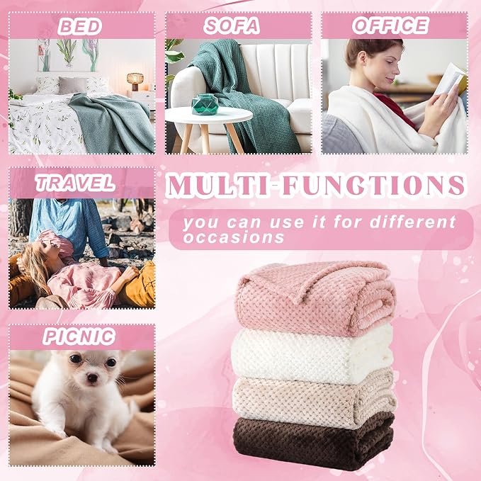 Newwiee 4 Pcs Flanne Fleece Throw Blanket for Bed Couch Large 3D Waffle Textured Soft Blanket Winter Warm Lightweight No Shedding No Pilling Decorative Throw, 50x60 Inch(Graceful Color)