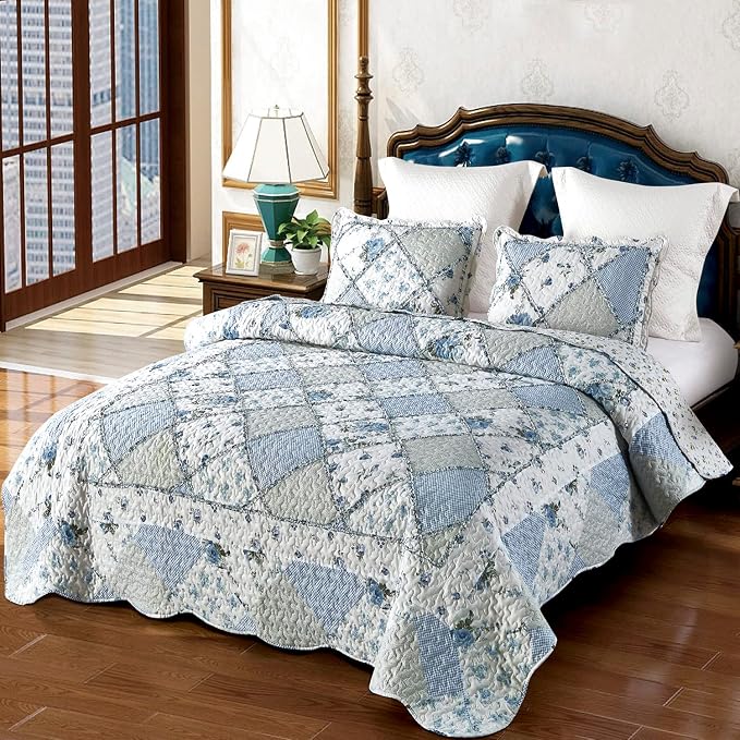 VIVILINEN Blue Floral Patchwork Quilt Set, Full Queen Size, 3 Piece Bedding Set with 2 Pillowcases | 3-Piece Rversible Quilted Bedspread Coverlet Set 87"x95" Lightweight Comforter Bedding Set Bed Cover with 2 Pillow Shams