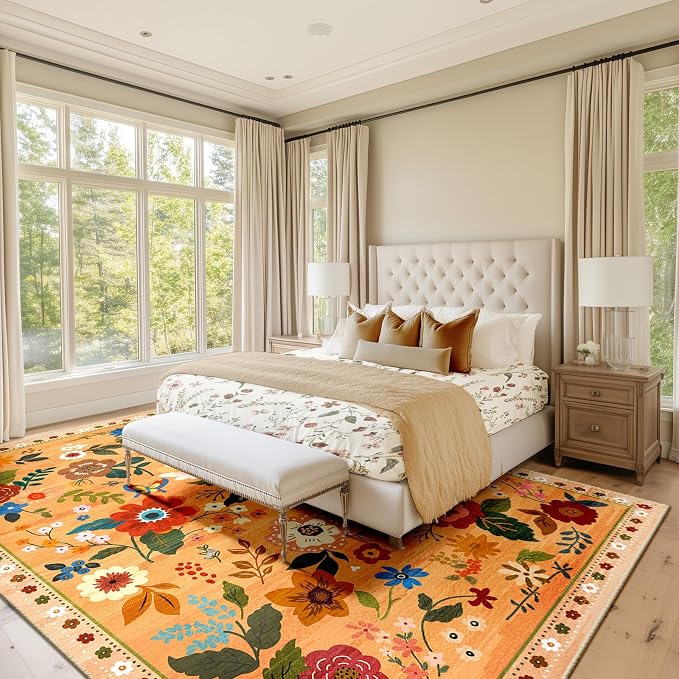 RELEANY Floral Washable 3x5 Area Rugs Orange/Yellow/Red | Flower Carpet, Print, Boho, Non-Slip, Easy to Clean, Soft, Low Pile for Living Room Bedroom Kitchen Office Entryway Hallway