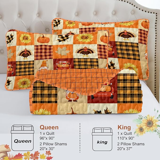 Fall Patchwork Quilt Set King Size 3 Piece Thanksgiving Bedding Set Orange | Sunflower Maple Leaves Pumpkin Pattern Bedspread Coverlet, Soft Microfiber Cozy Farmhouse Autumn Bedding Decor (110"x90")