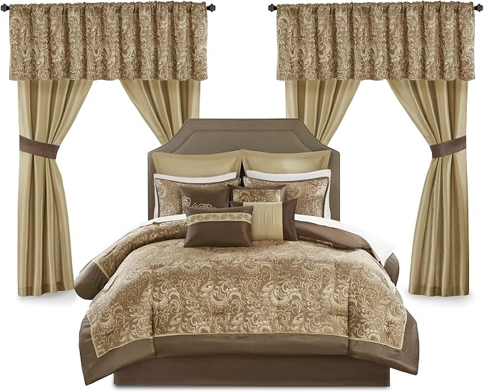 Madison Park Essentials Brystol 24 Piece Room in a Bag Faux Silk Comforter Jacquard Paisley Design Matching Curtains Down Alternative Hypoallergenic All Season Bedding-Set, Queen(90"x90"), Brown | Matching Curtains Room in a Bag, Down Alternative Beddi...