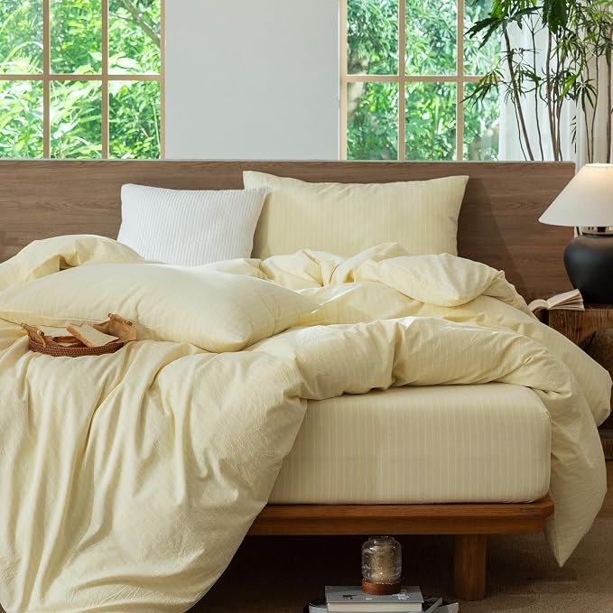 MooMee Striped Duvet Cover Set 100% Washed Cotton Linen Like King | Relaxed Linen-like Texture. Soft, Breathable & Long-lasting Comfort. Lightweight. Hidden Zipper with 8 Interior Corner Ties