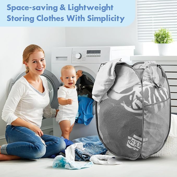 Pop Up Laundry Hamper, 70 L Collapsible Mesh Basket with Side Pocket, Gray | Reinforced handles, breathable fabric, foldable, portable for dorm college travel camping cruise, dirty clothes, toys storage