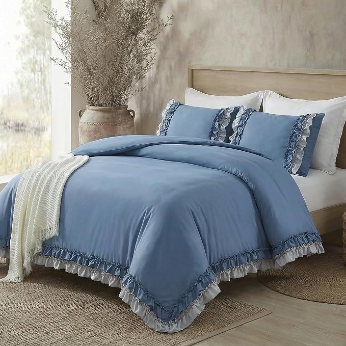 Blue Ruffle Duvet Cover Set Shabby Chic Boho Bedding King Elegant Lace Fringe Ruffled Bedding Super Soft Lightweight All Season Duvet Cover with Pillowcases
