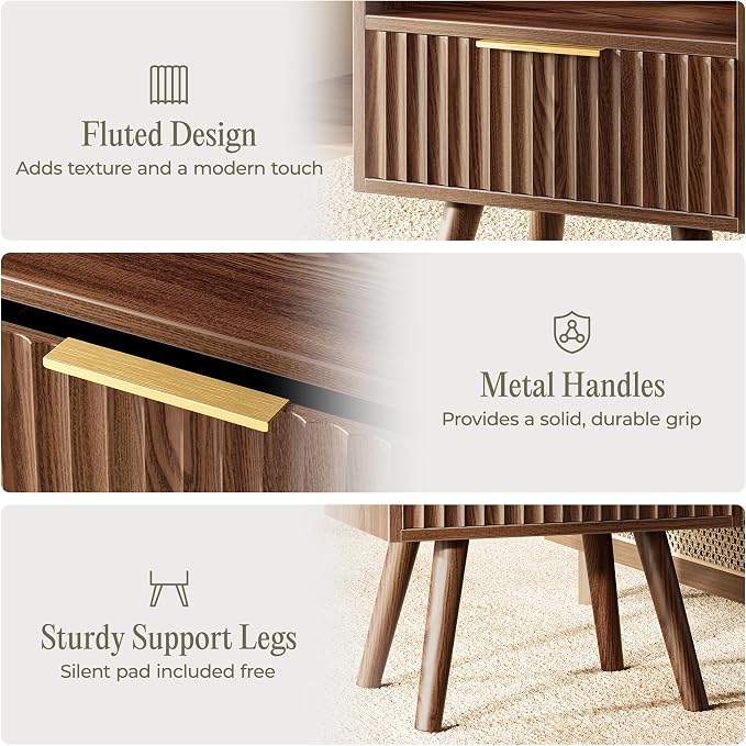 Huuger Nightstand with Charging Station, USB-C Port, End Table | Fluted Night Stand Bedside Table with Drawer, Solid Wood Feet, Open Storage, with Raised Edge, for Bedroom, Walnut