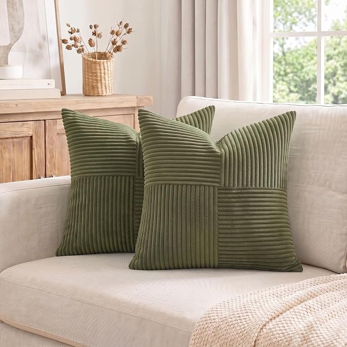 Fancy Homi 2 Packs Olive Green Samll Decorative Throw Pillow Covers 14x14 Inch with for Couch Bed Sofa, Rustic Farmhouse Boho Home Decor, Soft Corss Patchwork Corduroy Square Cushion Case 35x35 cm