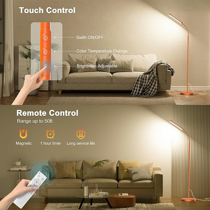 Yikuneng Dimmable LED Floor Lamp, Super Bright Reading Lamps Floor Standing lamp with Remote & Touch Control, Orange