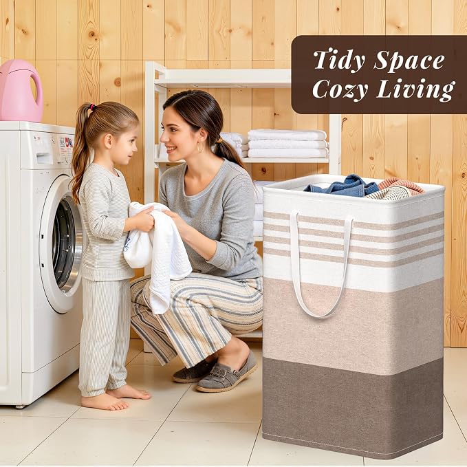 WOWBOX 2 Pack Laundry Baskets, Collapsible Dirty Clothes Laundry Hampers | with Reinforced Handles, Waterproof Coating, 2 Pack for Clean & Dirty Clothes, for Bedroom, Bathroom, Dorm (88L Khaki)