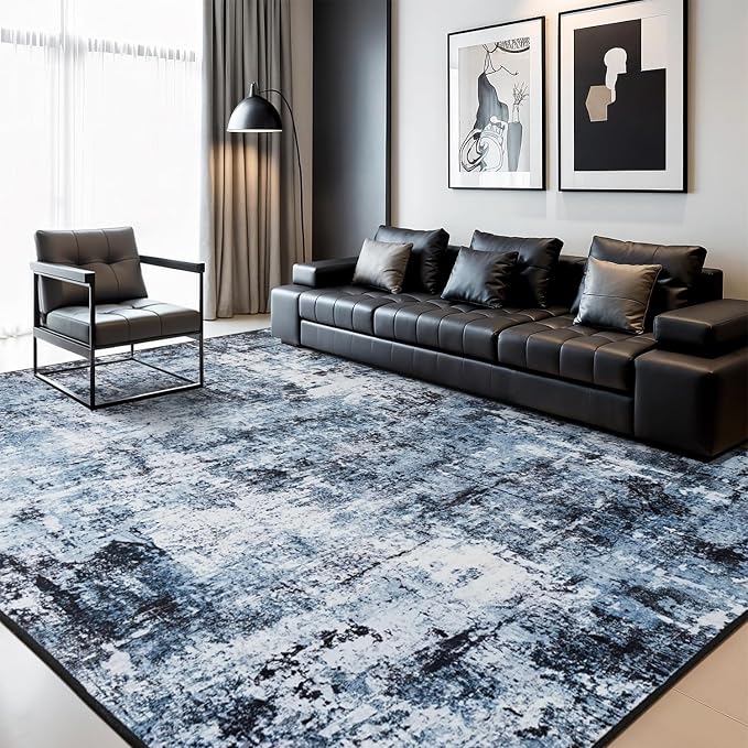 Rugflix 8x12 Area Rugs for Living Room, Washable Navy Blue Dark Large Rug | Machine Washable; Stain-Resistant; Low Pile; Non-Slip; Modern Abstract; Black Carpet for Bedroom Dining Office Nursery Home