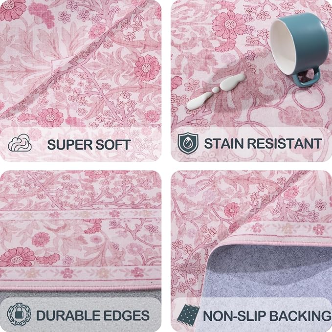 Washable 2x3 Entry Rug, Front Door Rugs Indoor, Vintage Floral Area Rugs for Kitchen, Non-Slip Bathroom Small Rugs, Perfect for Entryway Decor Door Mat (2x3 Pink)