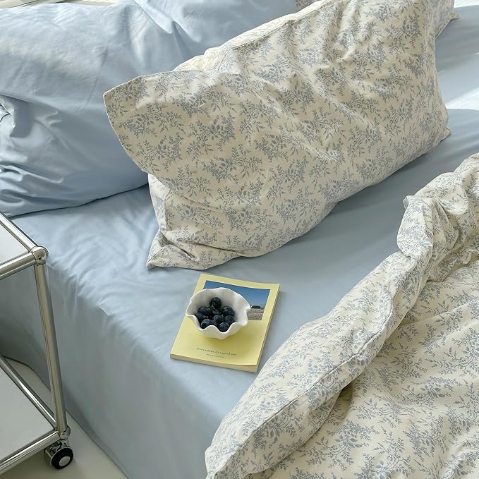 mixinni Blue Floral Duvet Cover Full Size - 100% Cotton Soft Boho Comforter Cover with Zipper Closure 4 Ties, 3-Piece Vintage Aesthetic Botanical Bedding Set with 2 Pillowcases, All Season Bed Set