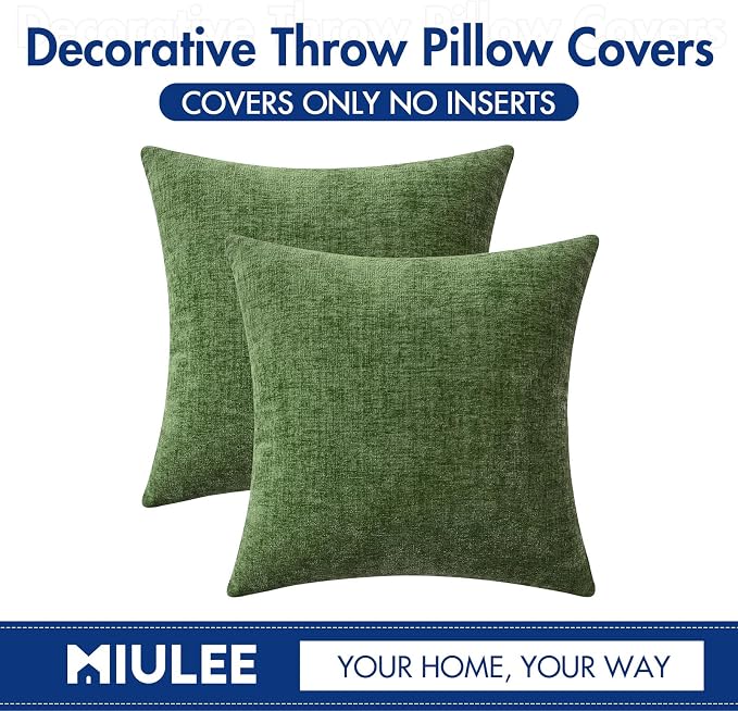MIULEE Soft Chenille Throw Pillow Covers Moss Green 20x20 Inch Pack of 2 | Modern Home Decor, Classic Decorative Pillows, Solid Dyed Cases, Boho Couch Cushion Covers for Sofa Bed Living Room