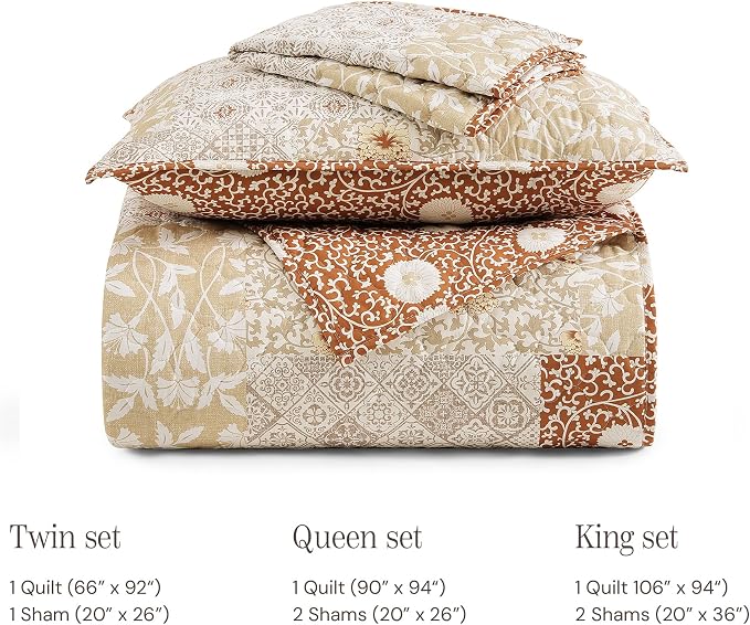 Queen Quilt Set-3 Pieces Soft Bedding Lightweight Floral Patchwork Coverlet | All Seasons Quilts Queen Size for Bed, 1 Quilt (90" x 94") and 2 Shams (20" x 26"), Vintage Bedspread, Terracotta