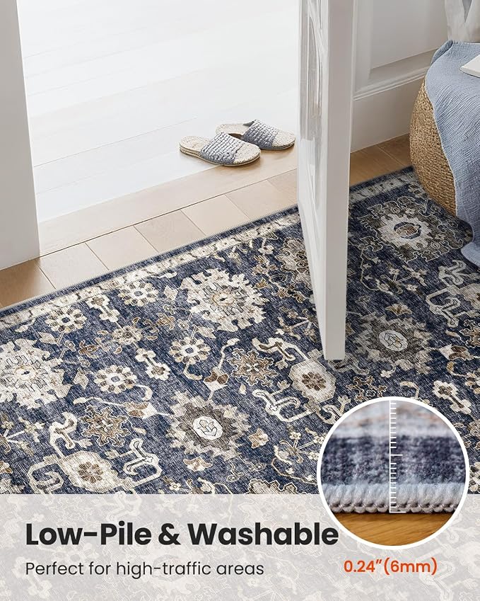 AMADA HOMEFURNISHING 5x7 Area Rugs, Washable Living Room Rug Low-Profile with Non-Slip Backing & Durable Edge Binding, Vintage 5x7 Rugs for Living Room, Bedroom, Dining Room