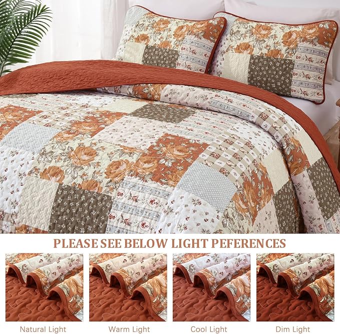 Floral Patchwork Quilt Set King Size, Terracotta Fall Bedspread Coverlet | Autumn Farmhouse Plaid Bedding Set 3 Pcs, Soft Lightweight Bed Cover for All Season, 110''x90''