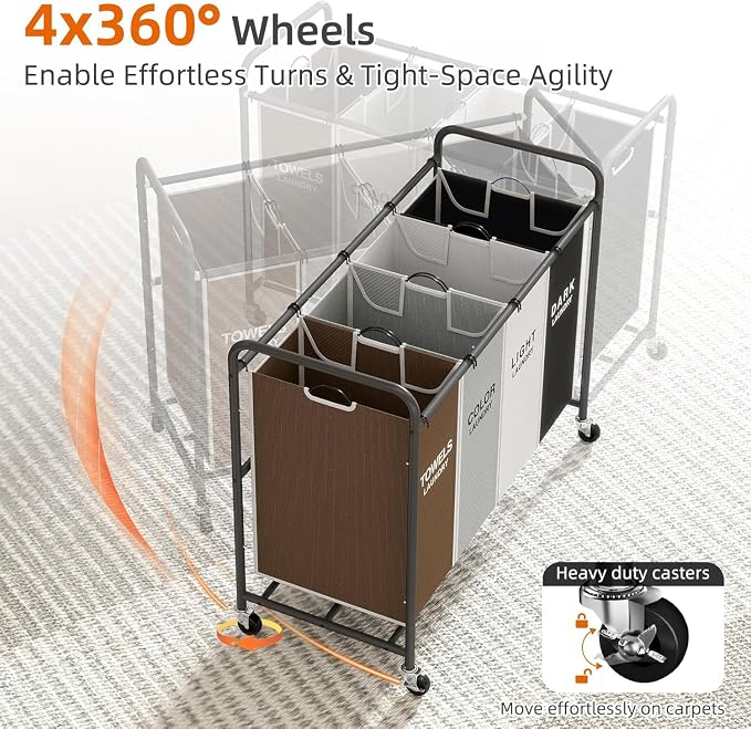 ROMOON Laundry Hamper Sorter Cart, 4-Section Organizer with Lockable Wheels | Heavy-Duty 180L Rolling Laundry Basket with Removable Bags for Dirty Clothes in Laundry Room or Small Spaces, Multicolor