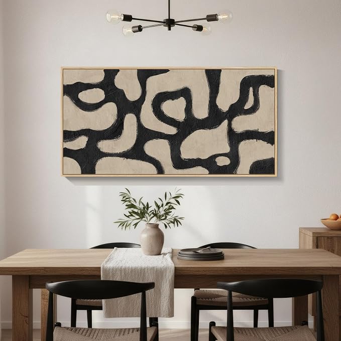 Large Framed Modern Abstract Horizontal Wall Art for Living Room, 60x30 In | Extra Large, Black and beige, Modern, Minimalist, Canvas artwork, Dining room decor, Bedroom art, Office decor, Ready to hang