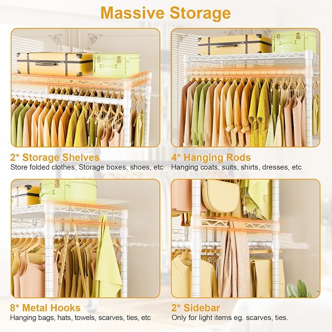 P4 Rolling Clothes Rack, Clothing Racks for Hanging Clothes, White | Heavy Duty Garment Rack with Wheels, 2-Tier Free Standing Portable Closet Racks 35.5''W × 20.5''D × 80.5''H, Max Load 560Lbs