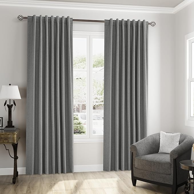 Dark Grey 100% Blackout Linen Curtains 90 Inch Length 2 Panels Set for Living Room Back Tab Thermal Insulated Black Out Drapes Room Darkening Farmhouse Style for Bedroom Window Curtains