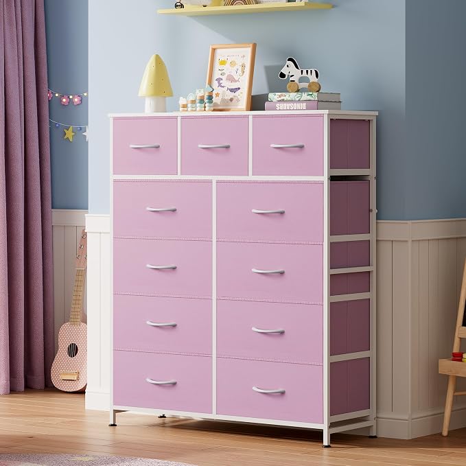 WLIVE 11 Drawer Dresser for Bedroom, Tall Chest of Drawers, A-Pink | 11 fabric storage drawers, Tall high-capacity design, Bedroom or dorm use, Sturdy steel frame, Smooth wood tabletop