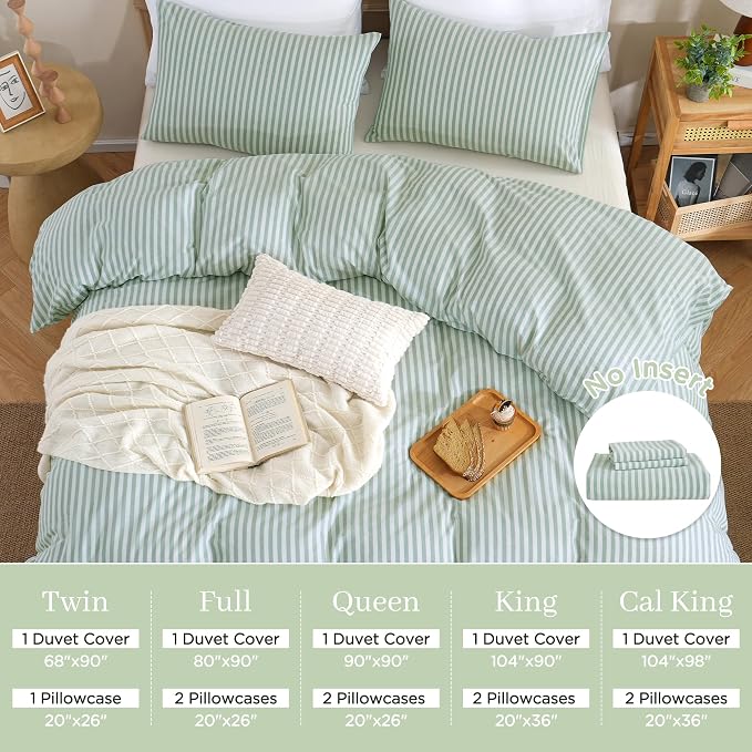 TOCOMOA Sage Green Striped Duvet Cover Set Washed Cotton Like Linen, Queen | 100% Washed Cotton Linen-Like Feel Soft, Breathable & Comfy. Lightweight Bedding Set with Zipper & 8 Ties. 3 Pcs, No Insert
