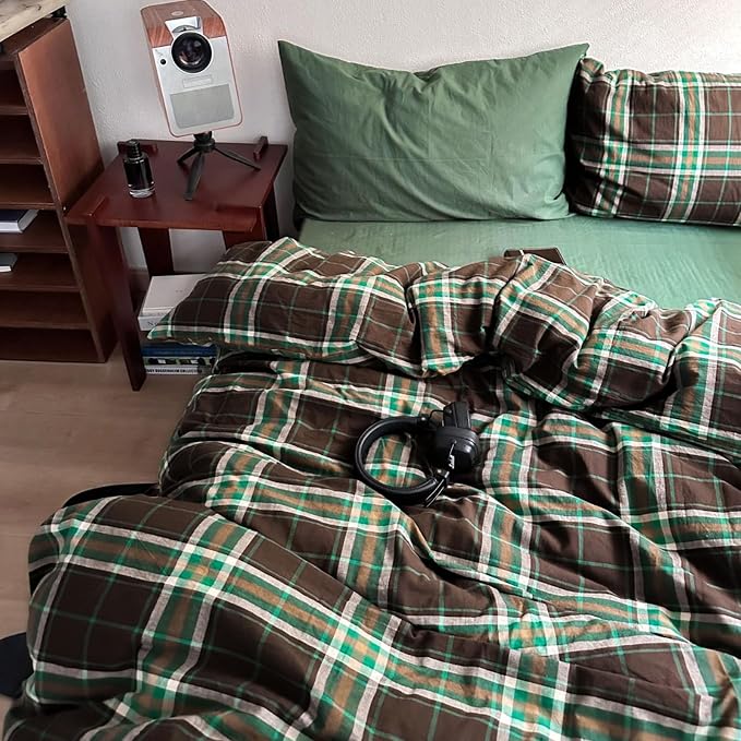 LifeTB Brown Green Plaid Comforter Set Full Size, 3 Pieces Vintage Checkered Pattern Comforter Buffalo Plaid Gingham Comforter Set with 2 Pillowcases, Soft Farmhouse Grid Bedding Set for All Seasons