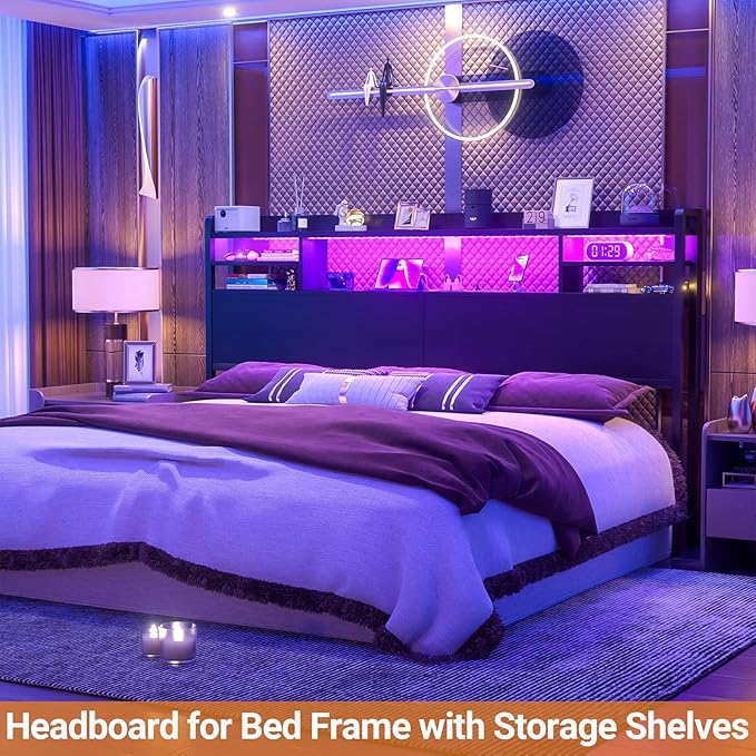 Aheaplus Headboard for Queen Size Bed with Storage, Rustic Brown | Headboards with LED Light, Power Outlets, USB Ports Queen Size Head Board, Wood headboard Only Sturdy and Stable Headboards