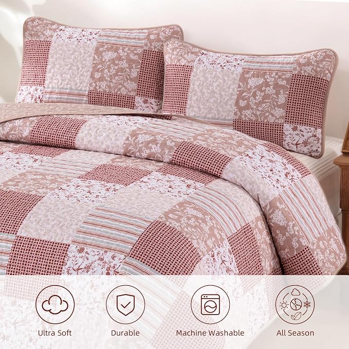 Mybedsoul Boho Quilts Queen Size, Patchwork Floral Bedding Set, Pink | Soft Lightweight Microfiber Coverlet Set, 3 Pieces Plaid Reversible Bedspread, Bed Sets for All Seasons 96"x90"