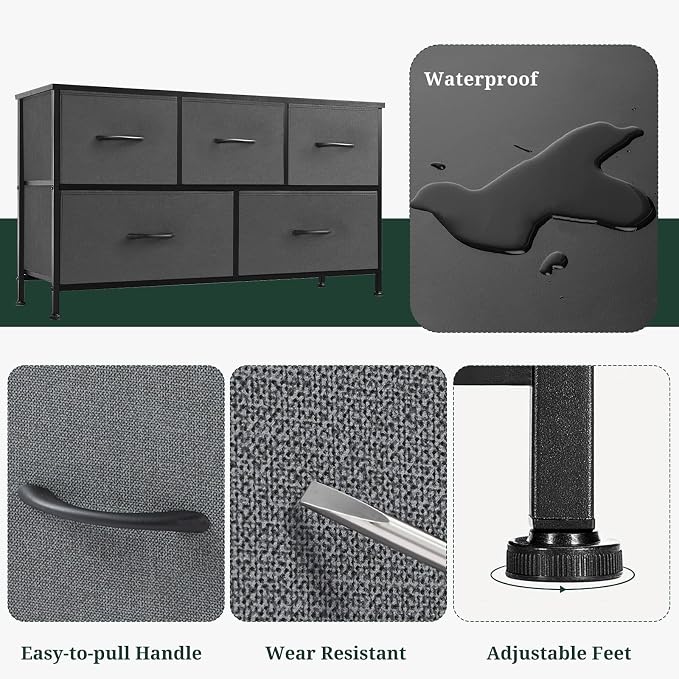 5-Drawer Dresser for Bedroom, Anti-Tip Wide Storage Organizer Fabric | Chest of Drawers TV Stand for 45" TV with Wooden Top and Metal Frame for Closet, Living Room, Hallway, Entryway, Gray
