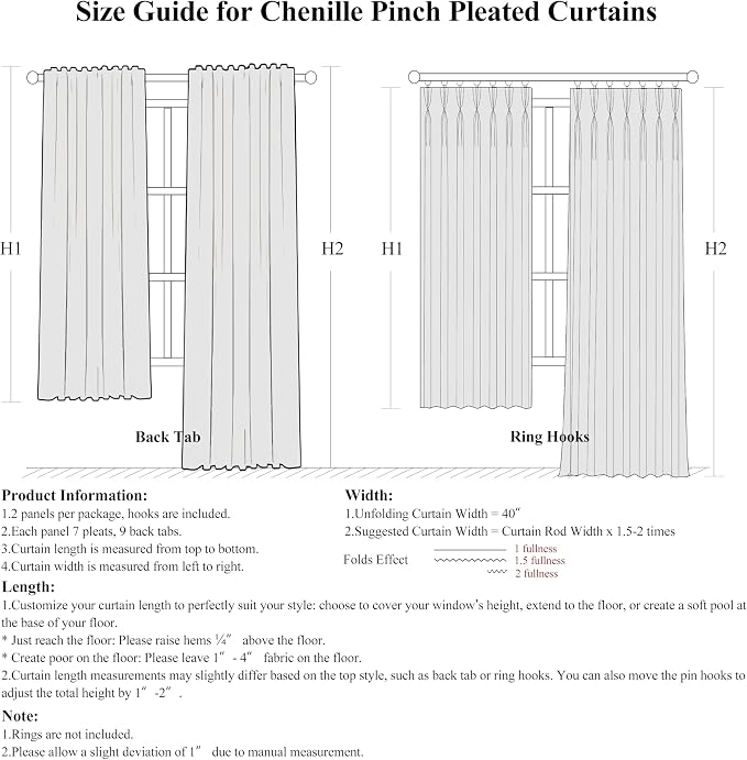 WEST LAKE 112 Inch Beige Chenille French Pleated 90% Blackout Curtains | for Bedroom,Microfiber Lined Triple Weave Textured Heavy Drapes,Bedroom Window Treatment,Back Tab,40"Wx112"L,Pack of 2