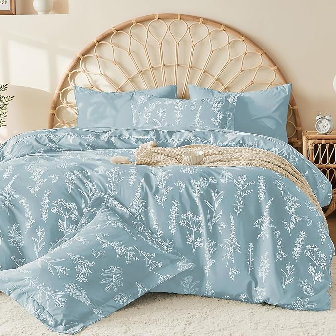 MUXHOMO Duvet Cover Twin/Twin XL Size Set, Reversible Floral Mineral Blue Duvet Cover with Zipper Closure, 2 Pieces Botanical Patterns Soft Bedding Set with 4 Ties (68"x90", 1 Pillow Case)